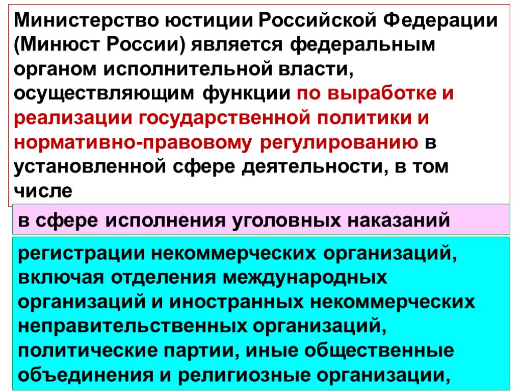 Министерство юстиции Российской Федерации (Минюст России) является федеральным органом исполнительной власти, осуществляющим функции по